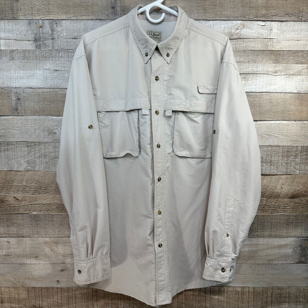 LL Bean Mens Long Sleeve Fishing Shirt Tan Nylon Blend Vented Large
